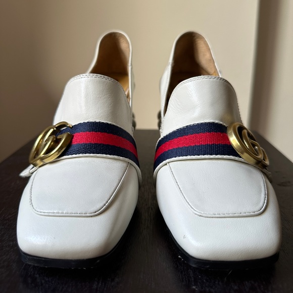 GUCCI Beige Leather Peyton GG Marmont Web Crystal Embellished Block Heel… - Picture 8 of 12